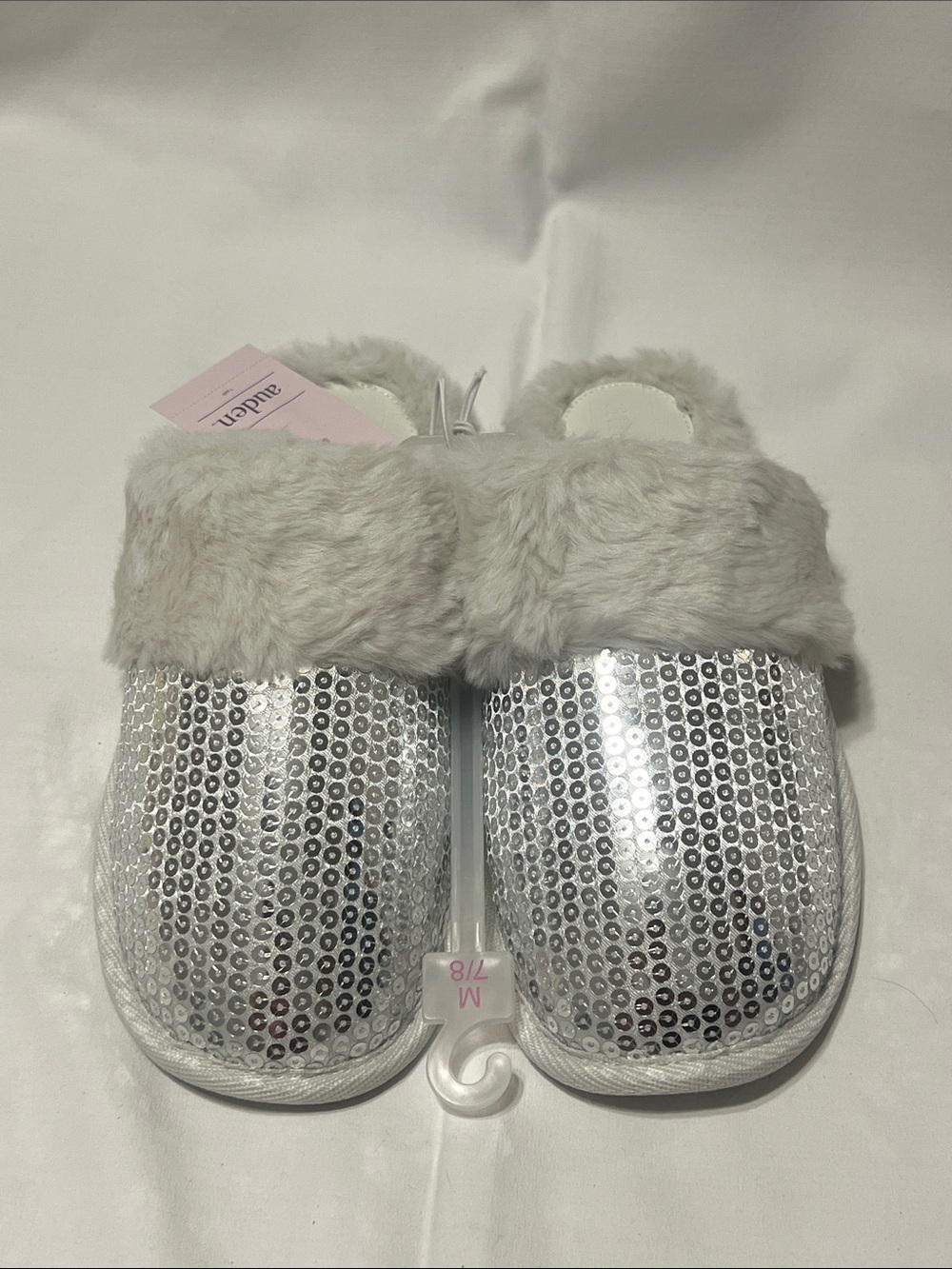 Auden Silver Sequin Faux Fur Cuff Women’s Slippers